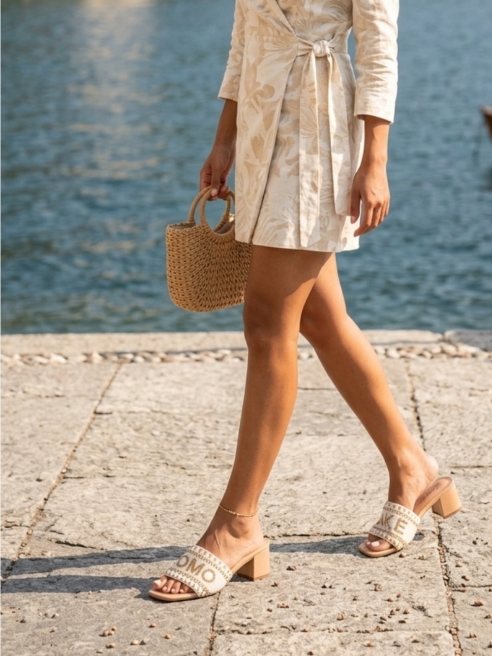 White & Gold Lake Como Beaded Slide Sandals